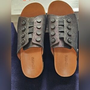 Revere Women's Antalya Slide Cushioned Arch Support Sandal Black Linen Sz 6M NIB